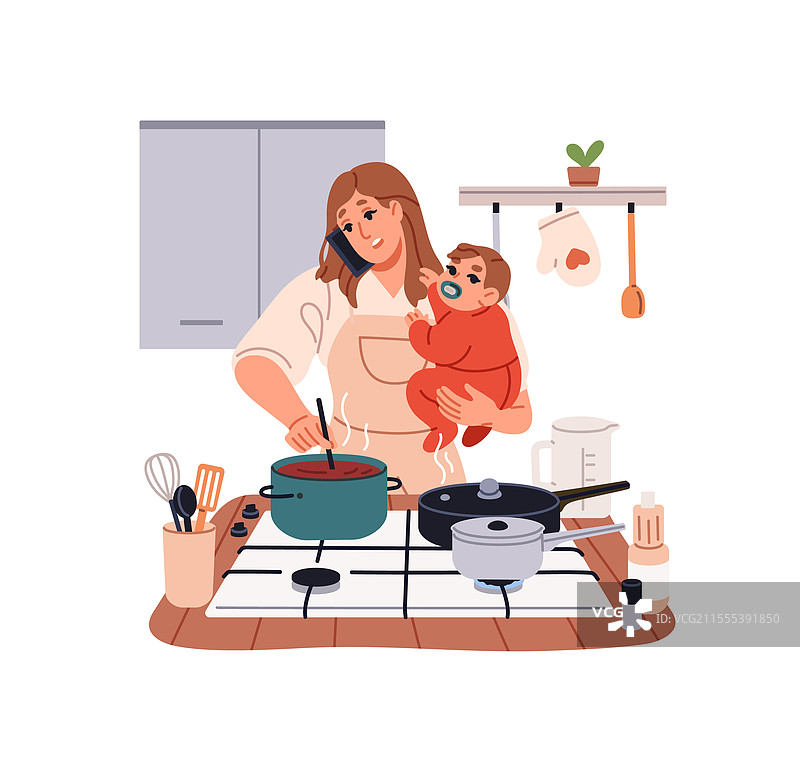 多任务的母亲一边做饭一边抱着宝宝图片素材