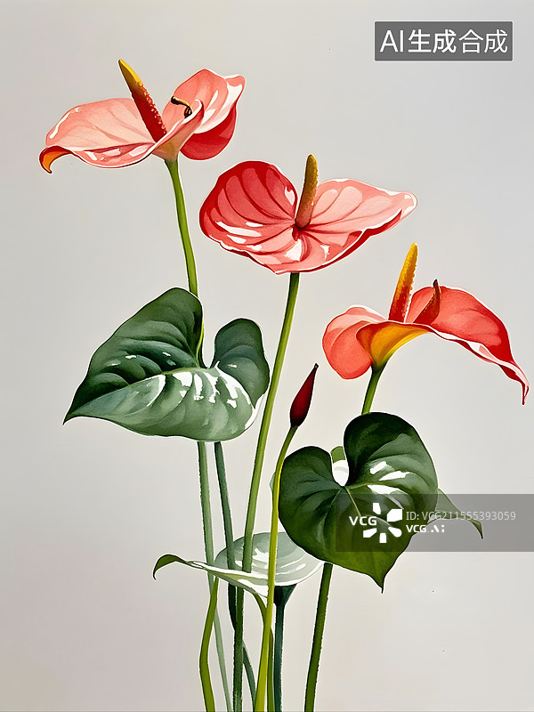 【AI数字艺术】水彩红掌花图片素材