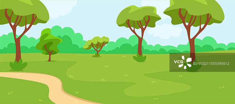 卡通公园风景，树木和小径相伴图片素材
