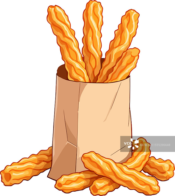 纸袋中的西班牙油条在白色背景上显现图片素材