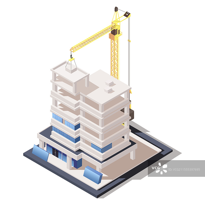 等距的建筑工地，配有塔吊和图片素材