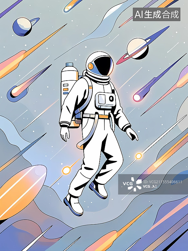 【AI数字艺术】宇航员太空漫步手绘插画图片素材