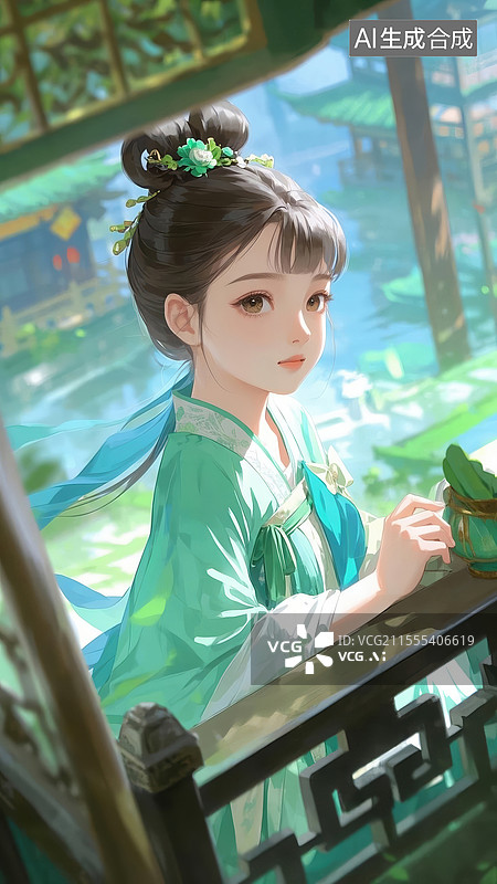 【AI数字艺术】穿青色汉服的少女手绘插画图片素材