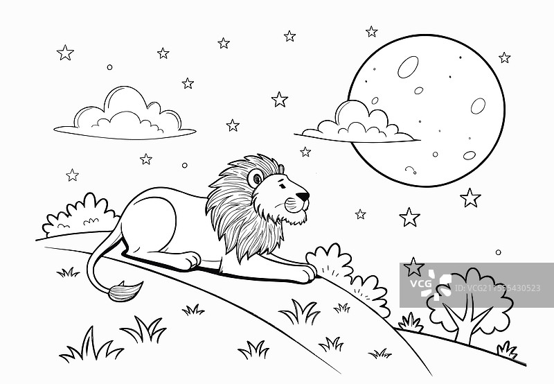 狮子躺在山丘上仰望着满天的天空图片素材