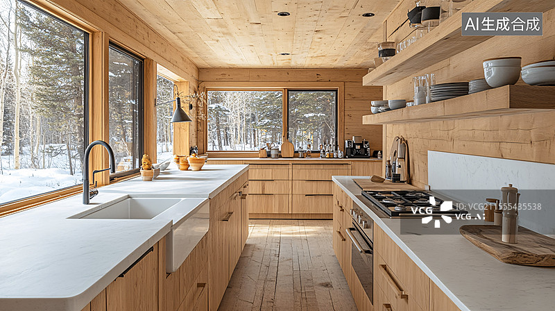 【AI数字艺术】白色台面木色厨房图片素材