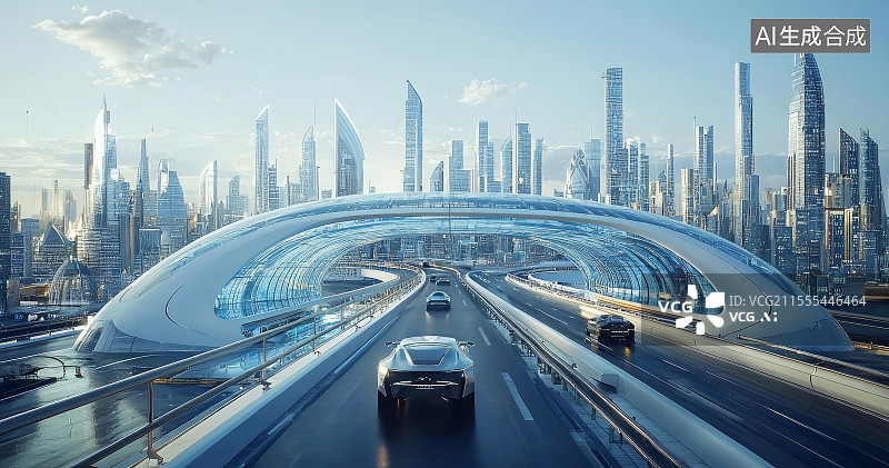 【AI数字艺术】未来城市道路交通与高楼景观图片素材