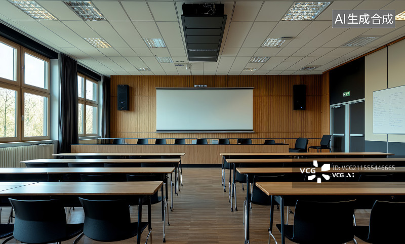 【AI数字艺术】教室内部投影仪幕布桌椅布置图片素材