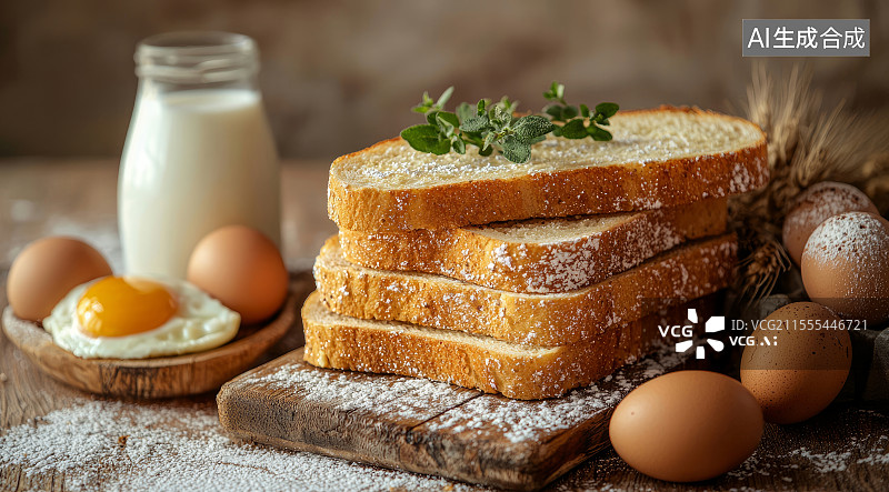 【AI数字艺术】木质桌面上的早餐食物组合图片素材