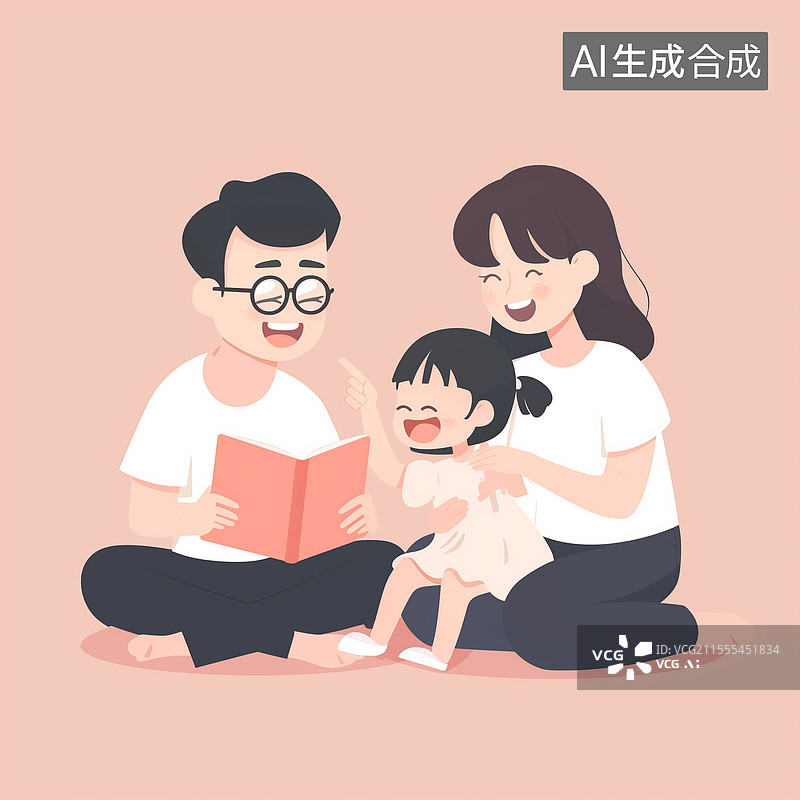 【AI数字艺术】一家人读书平面插画图片素材