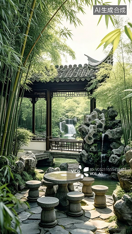 【AI数字艺术】中式古典园林私家花园图片素材