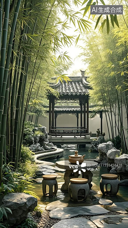 【AI数字艺术】中式古典园林私家花园图片素材