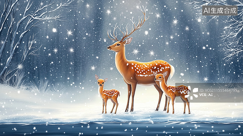 【AI数字艺术】冬日雪景驯鹿母子温馨画面图片素材