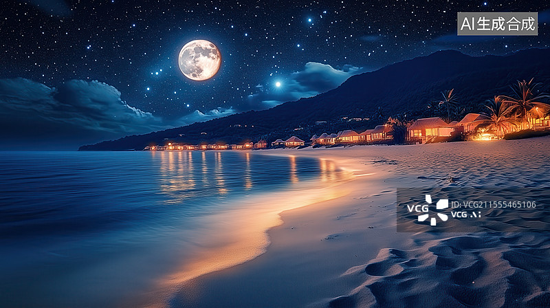 【AI数字艺术】海滩月夜星空美景如画图片素材