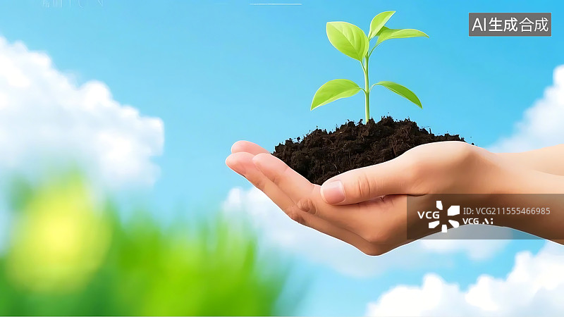 【AI数字艺术】环保绿色植树节地球低碳循环经济主题手里的泥土和树苗插画图片素材