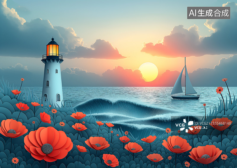 【AI数字艺术】剪纸风格海面上的灯塔图片素材