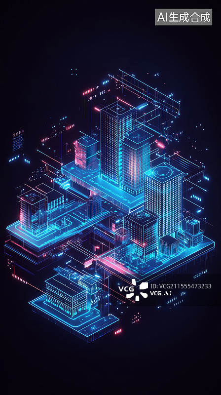 【AI数字艺术】带有蓝色光芒的三个数字层的等距插图图片素材