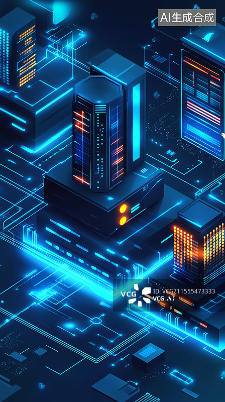 【AI数字艺术】带有蓝色光芒的三个数字层的等距插图图片素材