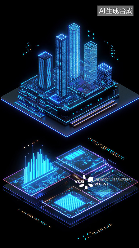 【AI数字艺术】带有蓝色光芒的三个数字层的等距插图图片素材