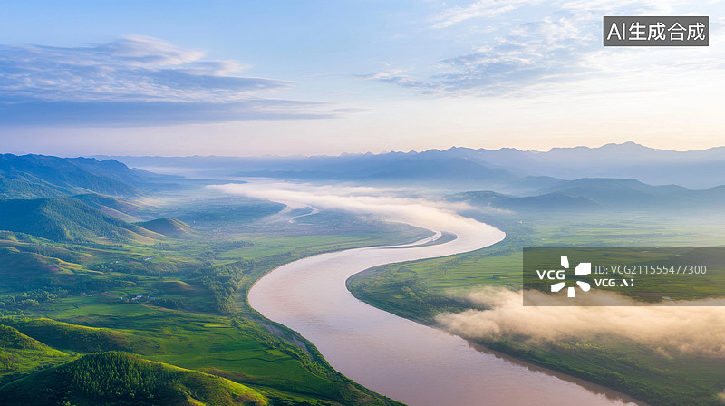 【AI数字艺术】九曲黄河日落风光图片素材