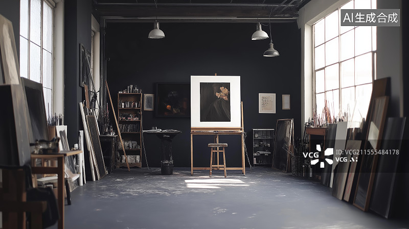 【AI数字艺术】静谧的暗黑色调画室工作室室内空间图片素材