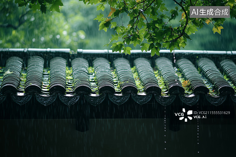 【AI数字艺术】春雨和屋檐风景图图片素材