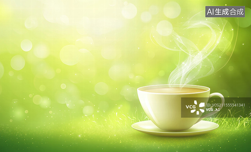 【AI数字艺术】一杯热饮，杯子是橙色的，背景是深绿色。杯子中冒着白色的蒸汽，给人一种温暖和舒适的感觉。图片素材
