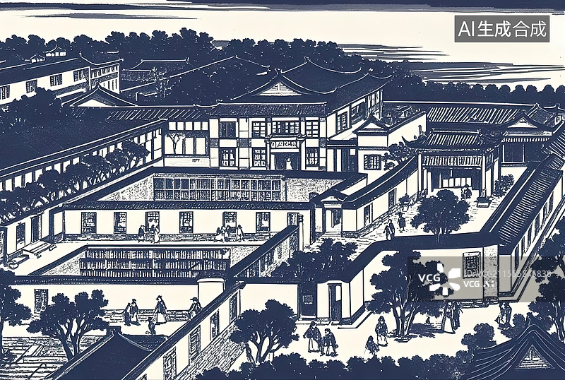 【AI数字艺术】版画十九世纪古典的建筑插画图片素材