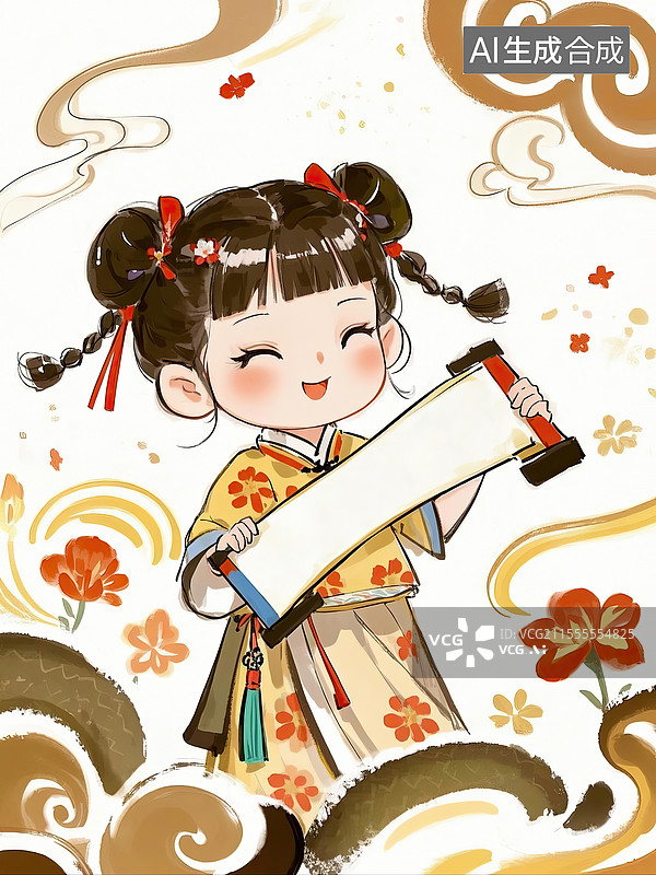 【AI数字艺术】水墨风少女手拿一幅展开的卷轴手绘插画图片素材