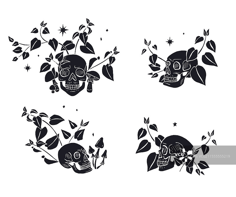 手绘的草图风格人类头骨被包围着图片素材