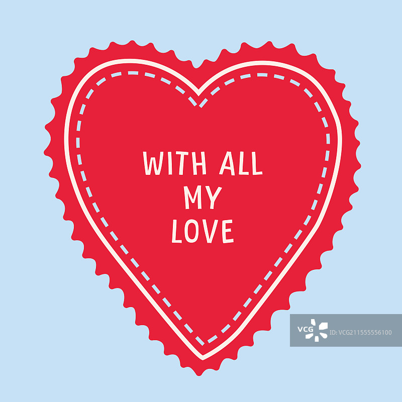 淡蓝色背景上的红色齿状爱心带情人节祝福图片素材