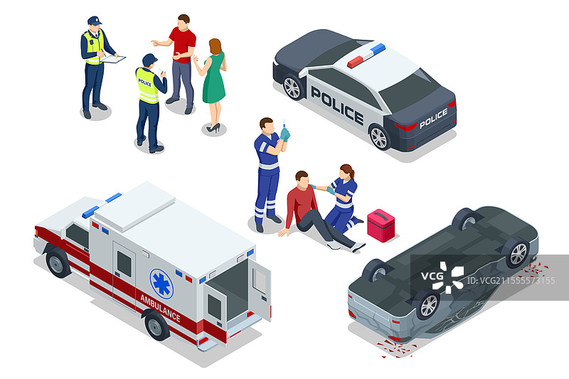 等距视角的汽车碰撞，一辆翻转的汽车和一辆警车图片素材