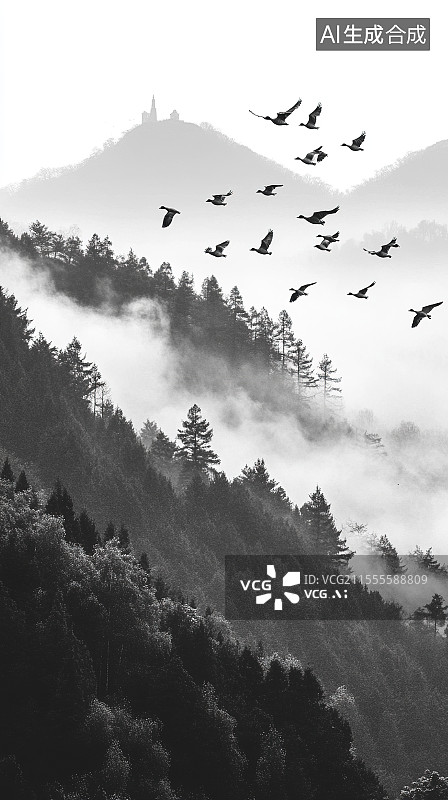 【AI数字艺术】二十四节气系列插画之白露时节天空中南飞的大雁候鸟图片素材