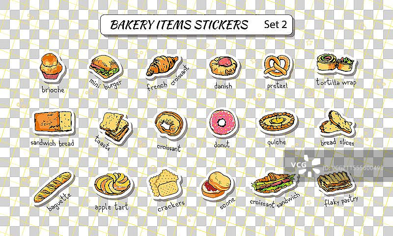 可定制的手绘面包店贴纸套装图片素材