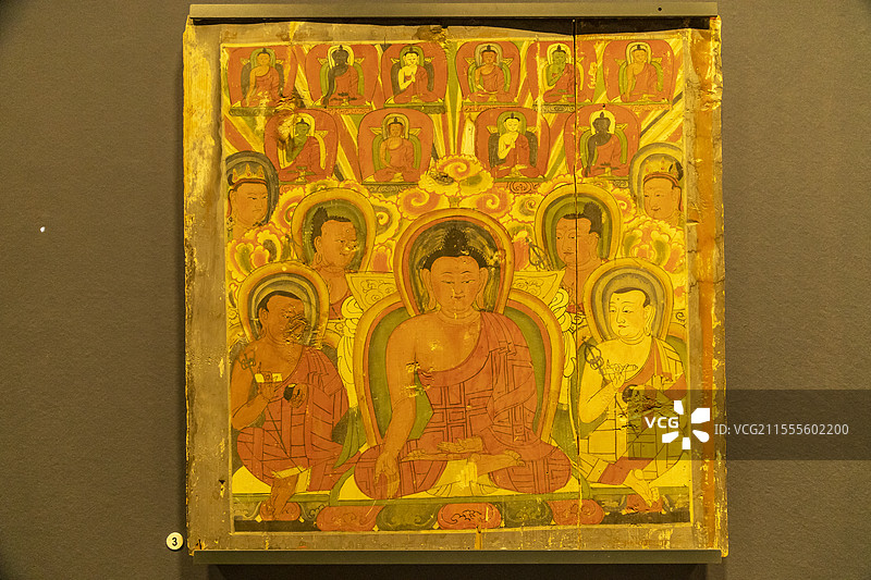 青海省博物馆“历史文物展”：彩绘宝生佛木板画（明，乐都区瞿昙寺，青海省博物馆藏）图片素材