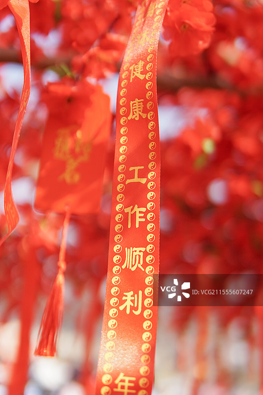 树上挂着的祈福红色飘带，工作顺利图片素材