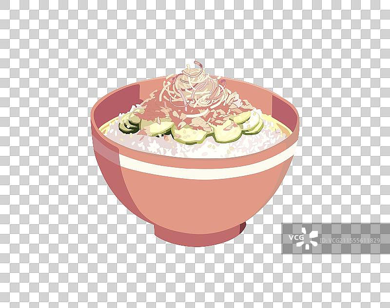 日漫风格，手绘，鲑鱼肉碎，高汤，茗荷，生姜，黄瓜，海带，芝麻味增，茶泡饭，汤泡饭免抠元素图片素材