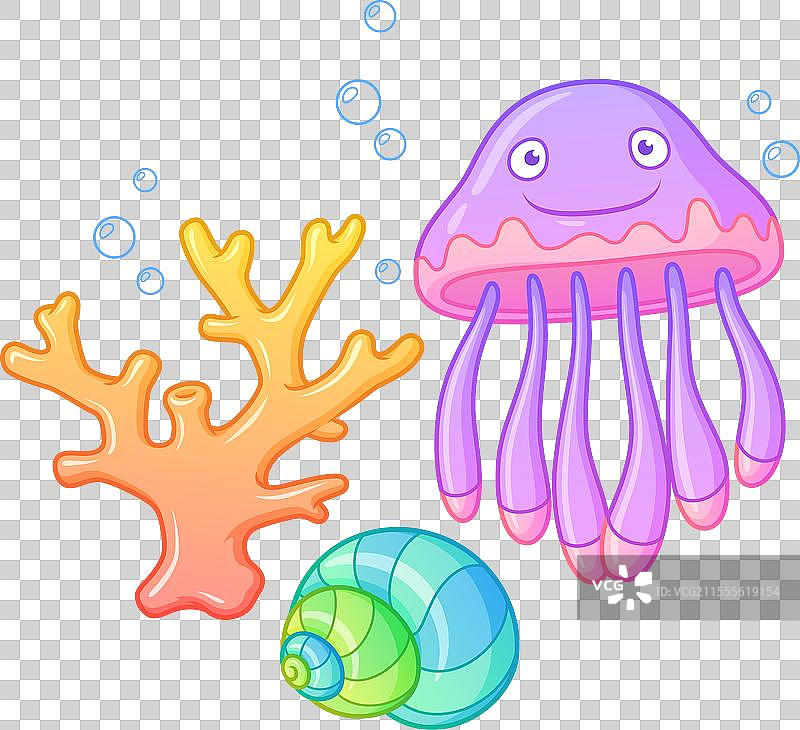 可爱的小水母与珊瑚和海螺图片素材