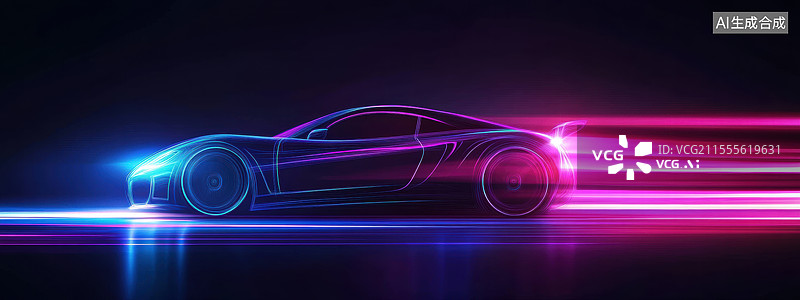 【AI数字艺术】一辆电动汽车的全息投影，背景是充满科技感的设计，包括充电站和各种图标。图片素材