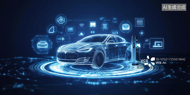 【AI数字艺术】一辆电动汽车的全息投影，背景是充满科技感的设计，包括充电站和各种图标。图片素材