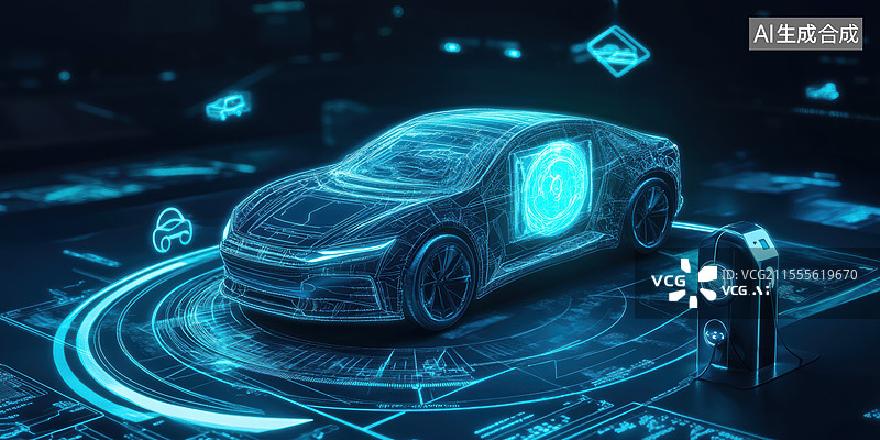 【AI数字艺术】一辆电动汽车的全息投影，背景是充满科技感的设计，包括充电站和各种图标。图片素材