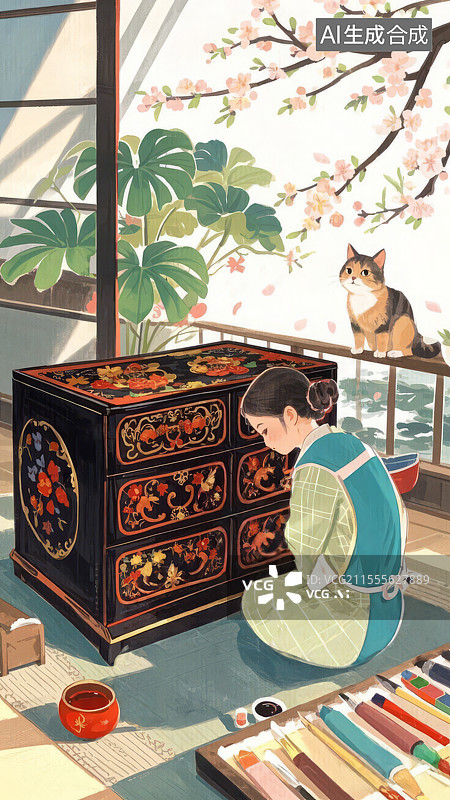 【AI数字艺术】福州脱胎漆器手绘插画：裱布与泥胎的非遗传统工艺场景图片素材