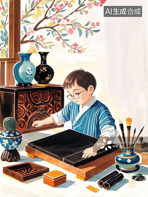 【AI数字艺术】福州脱胎漆器手绘插画：裱布与泥胎的非遗传统工艺场景图片素材