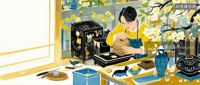 【AI数字艺术】福州脱胎漆器手绘插画：裱布与泥胎的非遗传统工艺场景图片素材