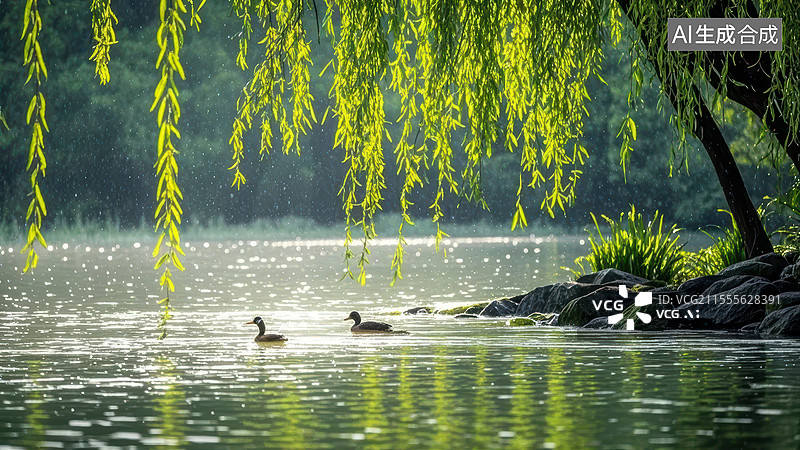 【AI数字艺术】清明节时分，春天湖边的垂柳图片素材