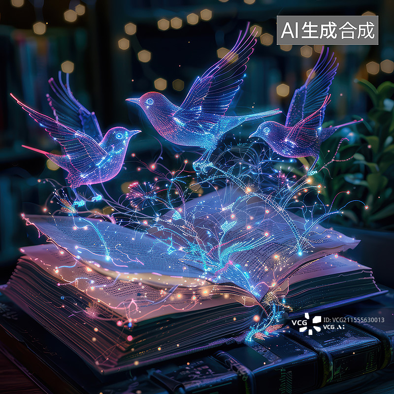 【AI数字艺术】魔法书籍与魔法飞鸟图片素材