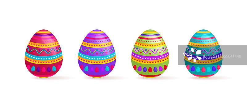 一排四个色彩斑斓的复活节彩蛋，各具特色图片素材