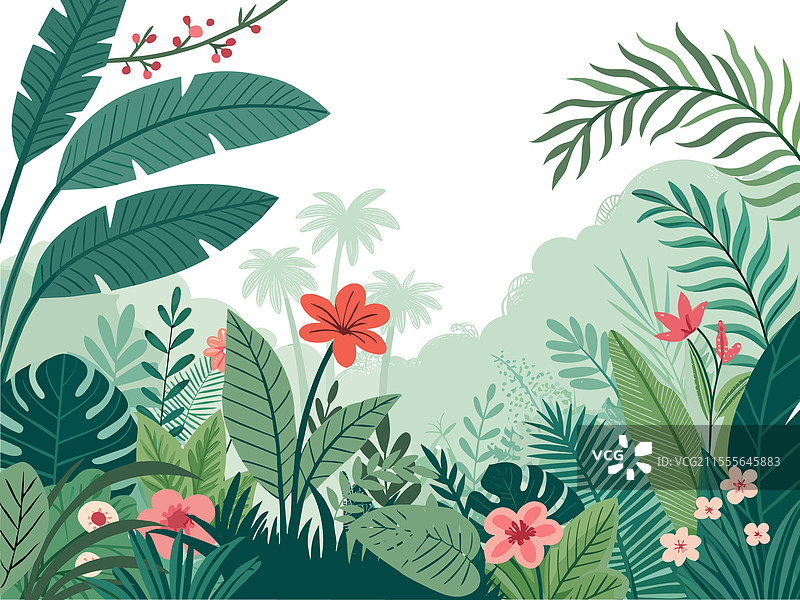 水平的绿色景观，棕榈树和灌木丛图片素材