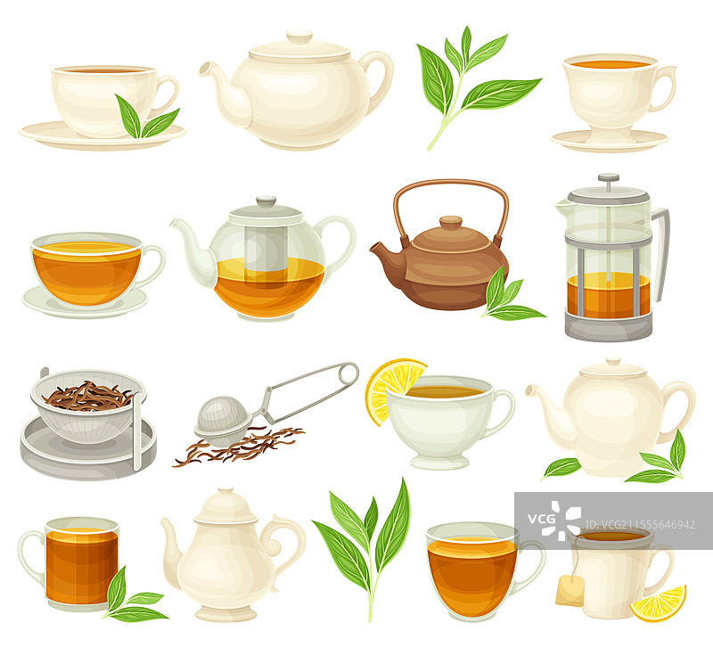 茶与陶瓷杯、茶壶和大绿叶图片素材