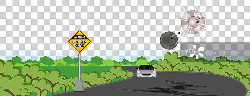 破损的路标警告道路塌陷图片素材