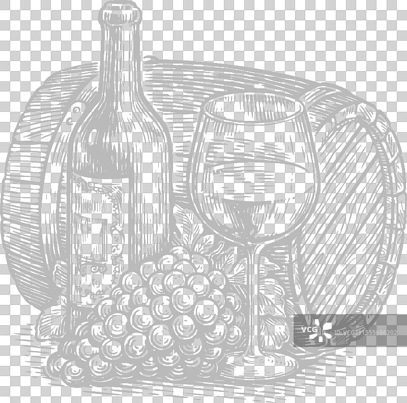 手绘的酒瓶和酒杯，酒庄风格图片素材
